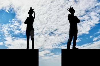 Precipice between a selfish man and a woman with a crown on his head, they stand with their backs to each other. Concept of selfishness and arrogance in relationships