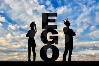 Big ego word between a selfish man and a woman with a crown on their head, they stand with their backs to each other. Concept of selfishness and arrogance in society