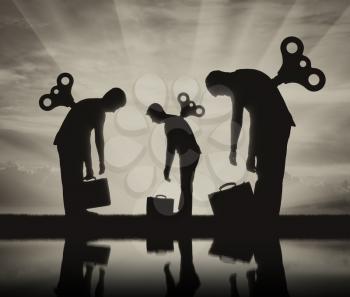 The concept of long hours of work. Silhouette tired sleepy workers with a clockwork mechanism on the back