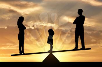 Divorce in the family. Silhouette of a little sad girl crying standing between mom and dad, chooses to stay with mom. The concept of divorce and division of children