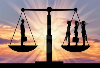 Silhouette of one man and three women on the scales of justice. The concept of gender inequality