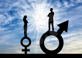 Silhouette of a big man and a small woman standing on gender symbols. The concept of gender inequality