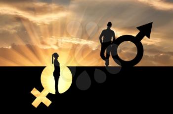 The silhouette of a superior man over a woman who stands in a pit out of a gender symbol. The concept of gender inequality