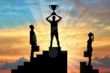 Silhouette of a male winner with a trophy on the career ladder against the background of a woman who has no chance of winning. The concept of gender inequality and discrimination