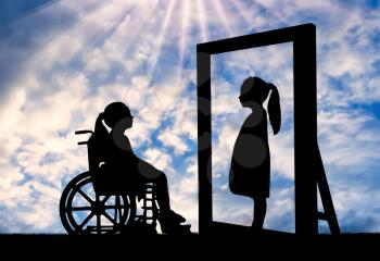 Silhouette of a disabled child girl sitting in a wheelchair looking in the mirror and sees herself in the reflection of a healthy standing. The concept of disabled children with the hope of a healthy future