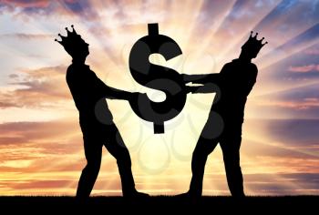 Two greedy and selfish men with crowns on their heads can not divide the dollar sign. Concept of greed, selfishness in business