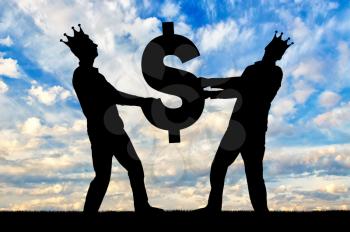 Two greedy and selfish men with crowns on their heads can not divide the dollar sign. The concept of selfishness and greed as social problems