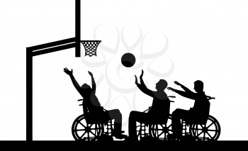 Vector silhouette three disabled people play wheelchair basketball. The concept of sports lifestyle people with disabilities