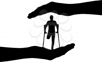 Vector silhouette disabled person with crutches without a leg in hands. Conceptual scene, element for design