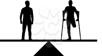 Vector silhouette disabled person with crutches without a leg equal in rights in the balance with healthy. Conceptual scene, element for design