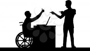 Vector silhouette worker disabled male in a wheelchair with an employee at work. Conceptual scene, element for design