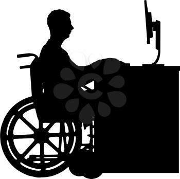 Vector silhouette disabled employee in a wheelchair working with a laptop at the table. Conceptual scene, element for design