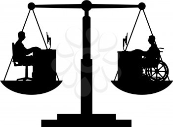 Vector silhouette of a man disabled in a wheelchair and a healthy man sitting at the table, they are equal on the scales of justice. Conceptual scene, element for design