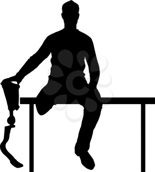 Vector silhouette of a man holding the hand of his prosthetic leg, sitting on the bench. Conceptual scene, element for design