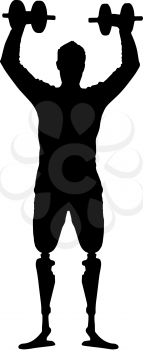 Vector silhouette man with a prosthetic leg standing with dumbbells in hand. The concept of disabled people in sport