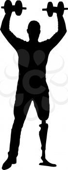 Vector silhouette man with a prosthetic leg standing with dumbbells in hand. The concept of persons with disabilities in sports