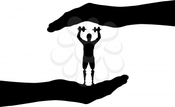 Vector silhouette disabled athlete with a prosthetic leg with dumbbells in hand. Conceptual scene, element for design