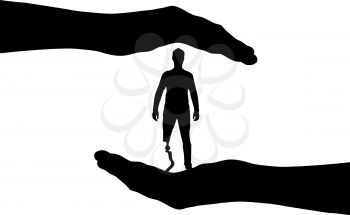 Vector silhouette disabled person with a prosthetic leg in the helping hands. Conceptual scene, element for design