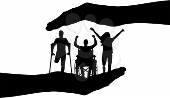 Vector silhouette happy people with disabilities in the hands, under the protection and tutelage. Conceptual scene, element for design