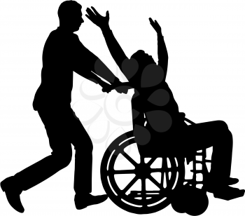 Vector silhouette happy disabled person in a wheelchair having a great time with a friend. Conceptual scene, element for design