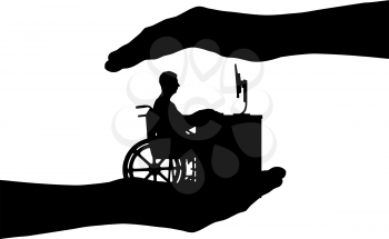 Vector silhouette employee is a disabled person in a wheelchair working with a computer at the table, he is in the hands of man. Conceptual scene, element for design