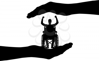 Vector silhouette happy disabled in wheelchair in hands of help. Conceptual scene, element for design