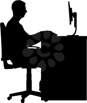 Vector silhouette freelancer man is working with a laptop sitting at a table . Conceptual scene, element for design