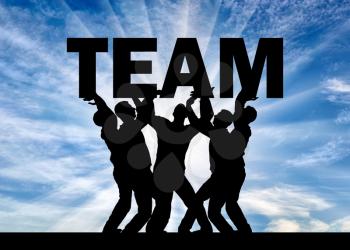 Silhouette of a group of men who hold the word team above themselves. The concept teamwork
