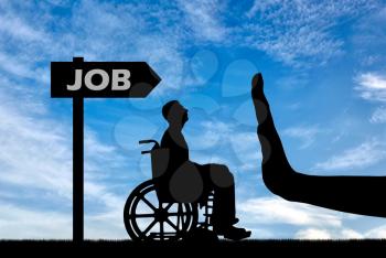 Gesture Hand Stop and disabled in a wheelchair looking for a job. Concept of Discrimination in Employment of People with Disabilities