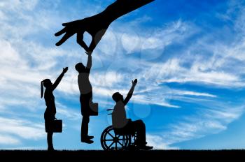 Employer's hand chooses a healthy worker from a crowd of people and not an invalid in a wheelchair. The Concept of Discrimination and Inequality in the Employment of People with Disabilities