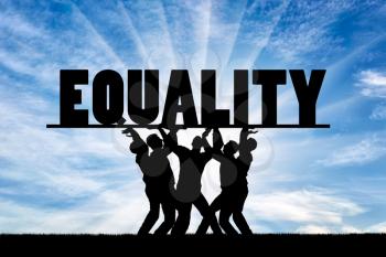 Group of people hold the word equality over them. The concept of equality in society