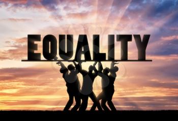 A group of people hold the word equality over them. The notion of equal rights in society