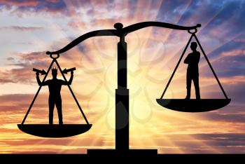 Silhouette of a selfish man with a crown on his head in priority on the scales of justice with an ordinary man. The concept of a selfish and narcissistic personality