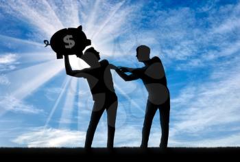 Concept of greed and selfishness. Silhouette of a man trying to take from another man a piggy bank with money