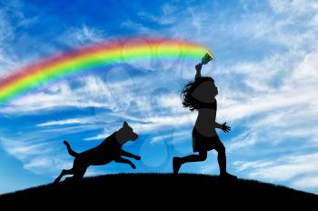 Childhood concept. Baby girl with brush in hand runs and draws a rainbow with dog