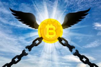 The bitcoin with wings flies up and tears the chains chained to it. The concept of legalization of crypto currency