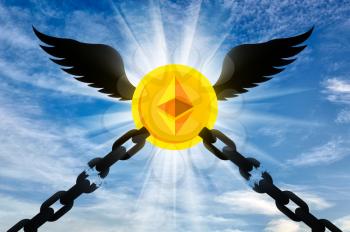 Ethereum with wings flies up and tears the chains chained to it. The concept of legalization of crypto currency