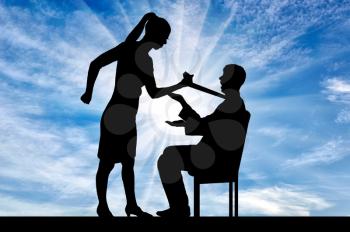 Bullying concept. Silhouette of a standing woman holding a tie for a man who is sitting on a chair