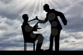 Workplace bullying. Silhouette of a boss aggressively holds a tie for an employee who sits on a chair against a gloomy sky