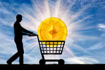 Silhouette of a man and an etherium in a grocery cart. The concept of purchasing crypto currency