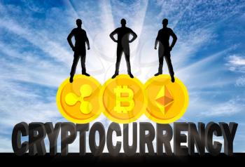 Three businessmen are standing on three coins of the crypto currency. The concept crypto currency