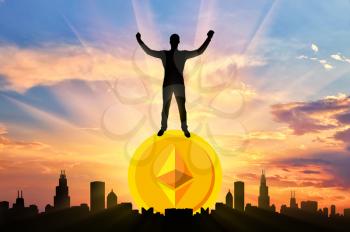 Happy man standing on a coin Ethereum against the background of the city. The concept of success in the crypto currency