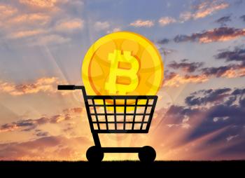 Bitcoin coin lies in the grocery cart. The concept of buying and selling of crypto currency