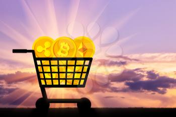 Coins of crypto currency lie in the grocery cart. The concept of buying and selling of crypto currency