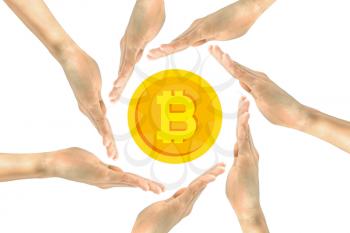 Bitcoin is in the center of people's hands. The concept of crypto currency