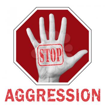 Stop aggression conceptual illustration. Open hand with text stop aggression on a white background. Global social problem