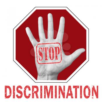 Stop discrimination conceptual illustration. Open hand with the text stop discrimination. Global social problem