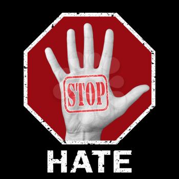 Stop hate conceptual illustration. Open hand with the text stop hate. Global social problem