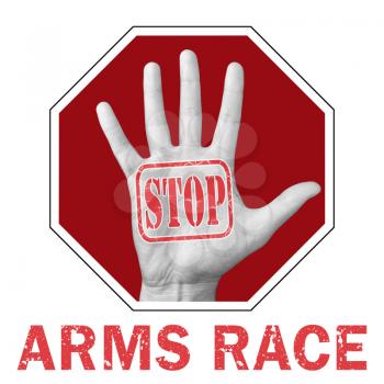 Stop arms race conceptual illustration. Open hand with the text stop arms race. Global social problem