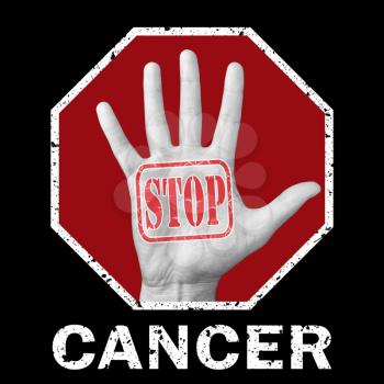 Stop cancer conceptual illustration. Open hand with the text stop cancer. Global social problem